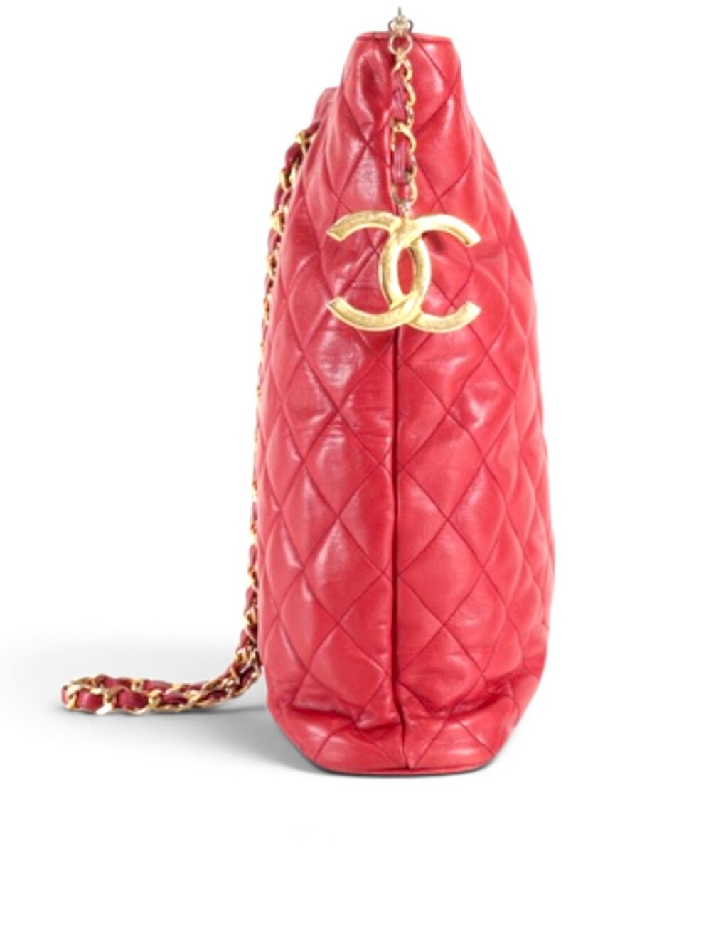 Chanel Red Quilted Lambskin CC Logo Charm Chain Tote Bag Vintage - Picture 2 of 11